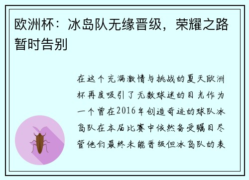 欧洲杯：冰岛队无缘晋级，荣耀之路暂时告别
