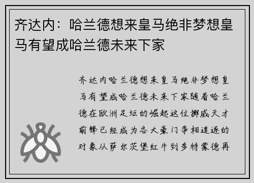 齐达内：哈兰德想来皇马绝非梦想皇马有望成哈兰德未来下家